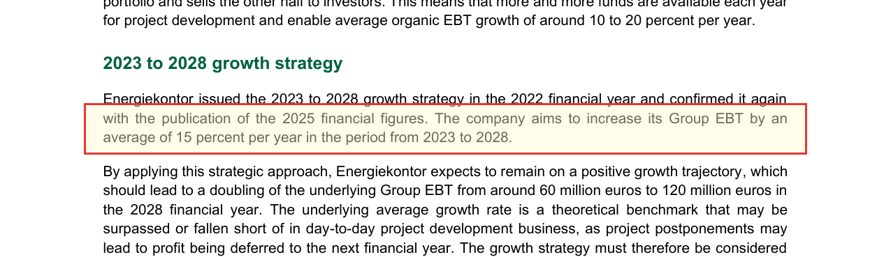 Markierter Ausschnitt aus der Quartalsmitteilung Q1 2026 von Energiekontor: die gelb hinterlegte und rot umrandete Passage, wonach das Unternehmen sein Konzern-EBT von 2023 bis 2028 um durchschnittlich 15 Prozent pro Jahr steigern will.