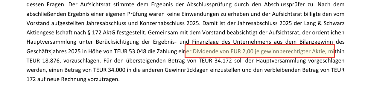 Markierter Ausschnitt aus dem Geschäftsbericht 2025 von Lang & Schwarz: die gelb hinterlegte und rot umrandete Passage mit dem Vorschlag, aus dem Bilanzgewinn von 53,048 Millionen Euro eine Dividende von 2,00 Euro je gewinnberechtigter Aktie zu zahlen.