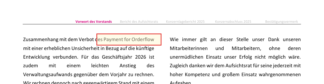 Markierter Ausschnitt aus dem Geschäftsbericht 2025 von Lang & Schwarz: die gelb hinterlegte und rot umrandete Erwähnung des Verbots von Payment for Orderflow, das laut Bericht mit einer erheblichen Unsicherheit für die künftige Entwicklung verbunden ist.
