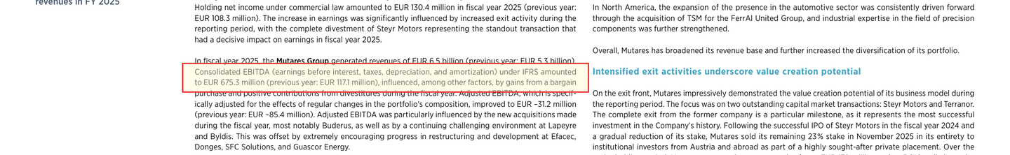 Markierter Ausschnitt aus dem Annual Report 2025 von Mutares: die gelb hinterlegte und rot umrandete Passage, wonach das konsolidierte EBITDA von 675,3 Millionen Euro unter anderem durch Gewinne aus einem Bargain Purchase beeinflusst wurde.