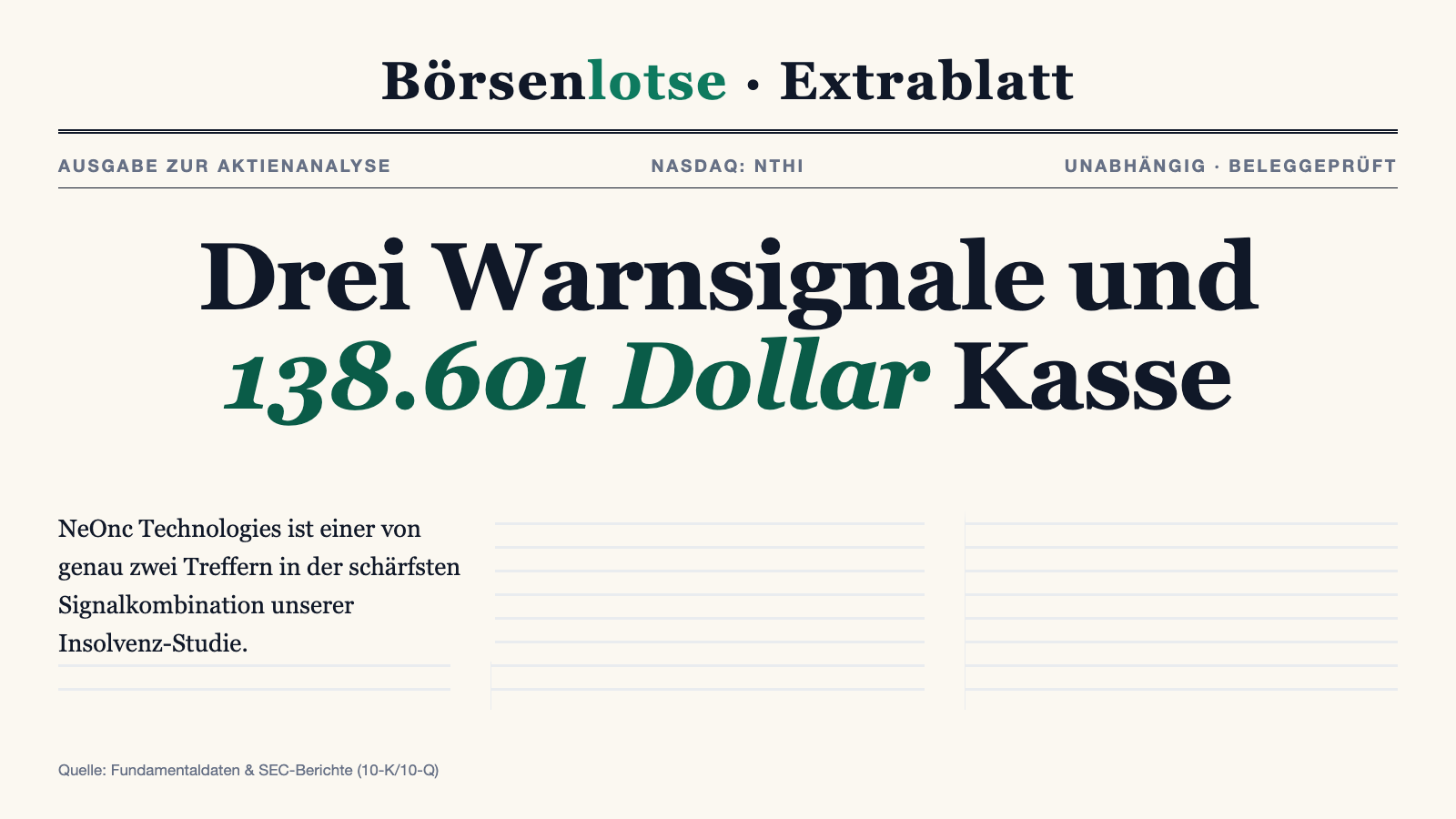 NeOnc-Aktie: 138.601 Dollar in der Kasse — und ein Verkaufsprogramm über 75 Millionen